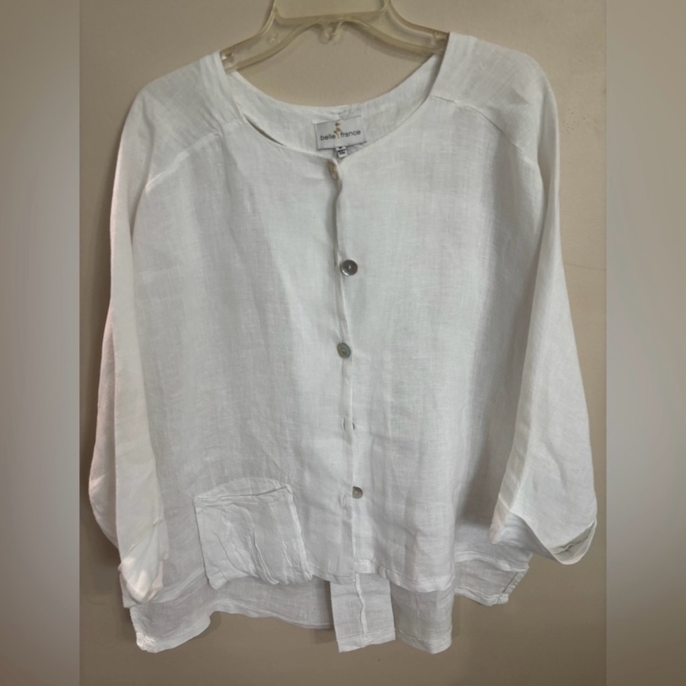 Belle France White Button-Down Shirt 100% linen